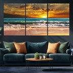 Golden Sunset Beach Canvas Wall Art | Triptych Seascape Print, Framed and Ready to Hang