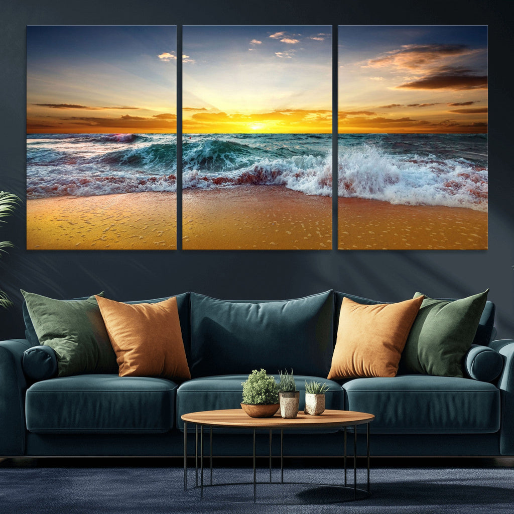 Golden Sunset Ocean Waves Wall Art Canvas Print | Multi Panel Beach Canvas Set, Coastal Triptych