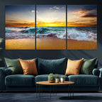 Golden Sunset Ocean Waves Wall Art Canvas Print | Multi Panel Beach Canvas Set, Coastal Triptych