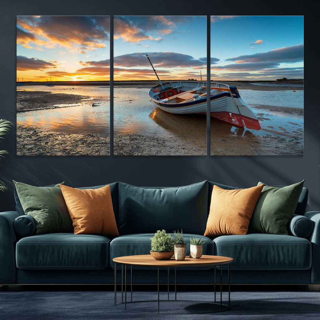 Small Boat At The Beach Sunset Wall Art, Boat Sunset Wall Art Canvas Print