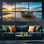 Small Boat At The Beach Sunset Wall Art, Boat Sunset Wall Art Canvas Print
