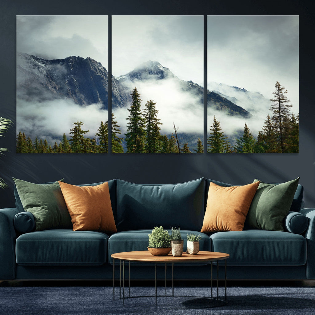 Mountain Mist Canvas Wall Art Print | 3-Panel Foggy Forest and Mountain Landscape