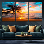 Palm Tree Sunset On The Beach Wall Art Canvas, Framed Palm Tree Sunset Canvas Print