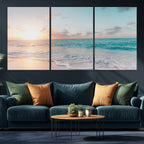 Tranquil Ocean Beach Sunset Canvas Wall Art | 3-Panel Coastal Decor