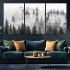 Forest Wall Art Print | Foggy Pine Forest Canvas Wall Art, Black and White Nature Decor