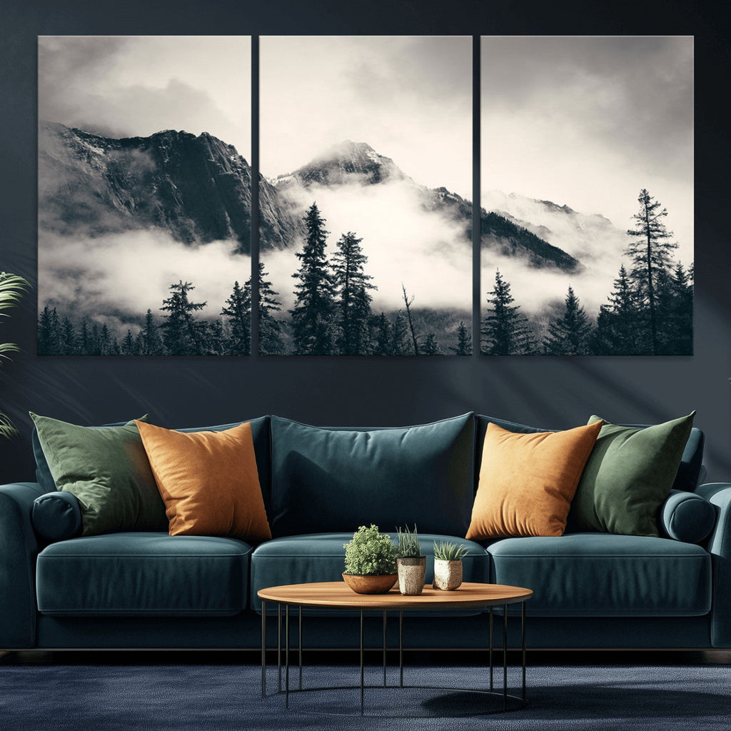 Forest Mountain Print | Black and White Canvas Wall Art with Misty Forest Design