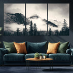 Forest Mountain Print | Black and White Canvas Wall Art with Misty Forest Design