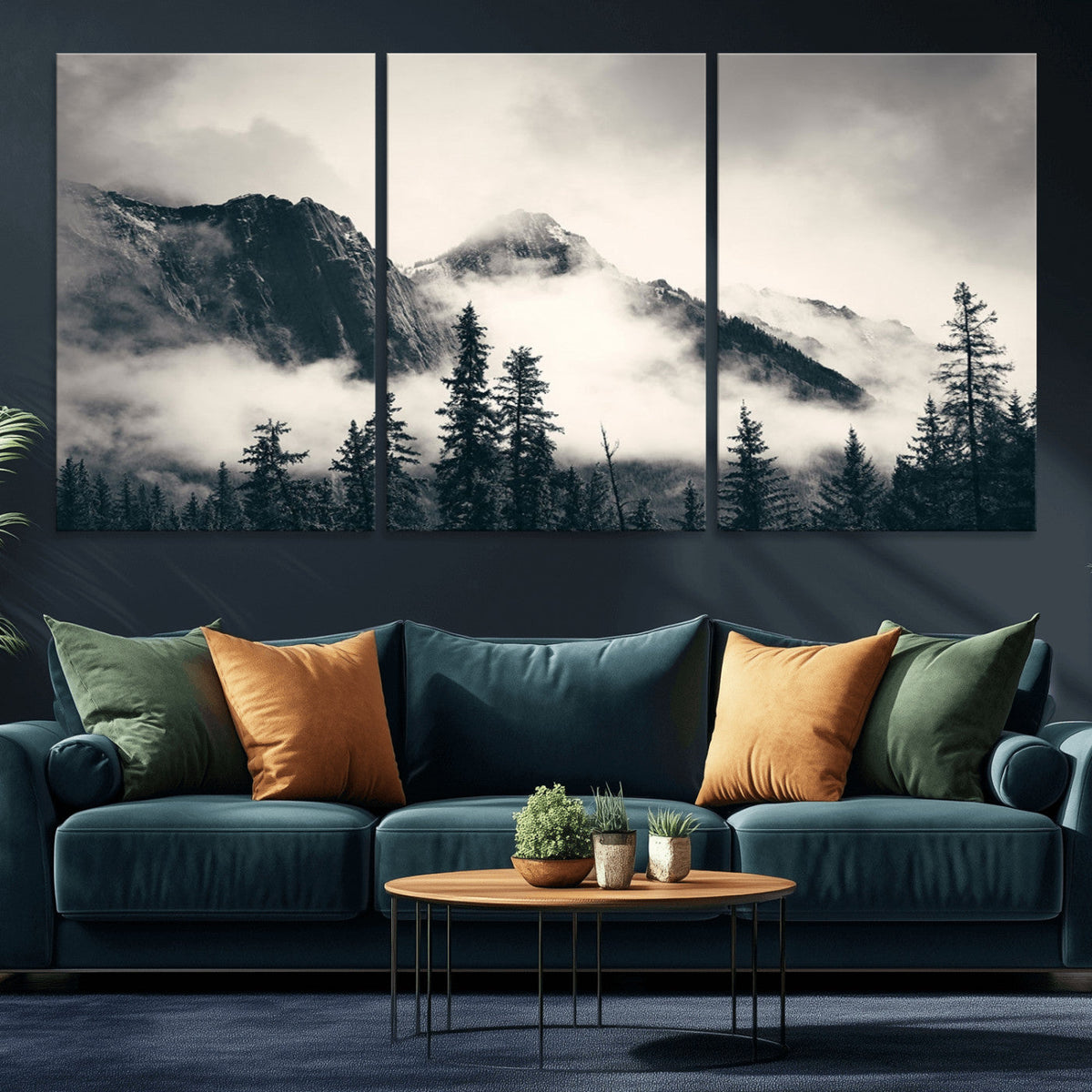 Forest Mountain Print | Black and White Canvas Wall Art with Misty Forest Design