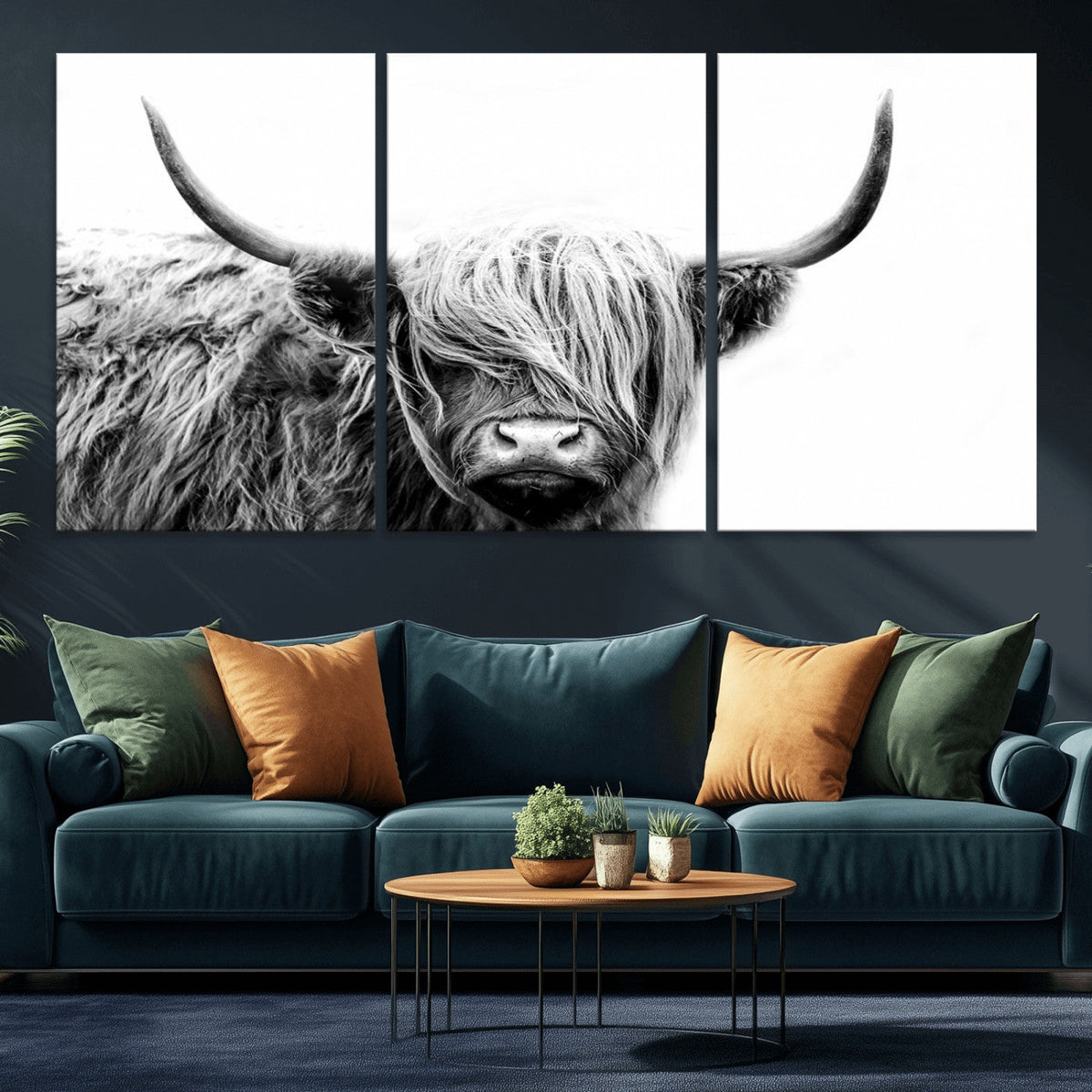 Black White Scottish Highland Cow Cattle Art Print Farmhouse Decor
