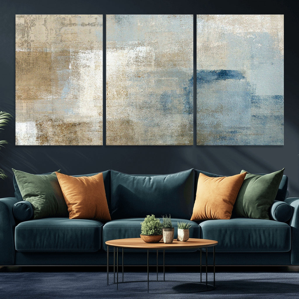 Abstract Blue and Beige Wall Art, Modern Minimalist Canvas Print Set