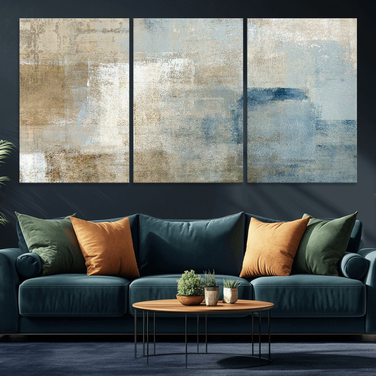 Abstract Blue and Beige Wall Art, Modern Minimalist Canvas Print Set