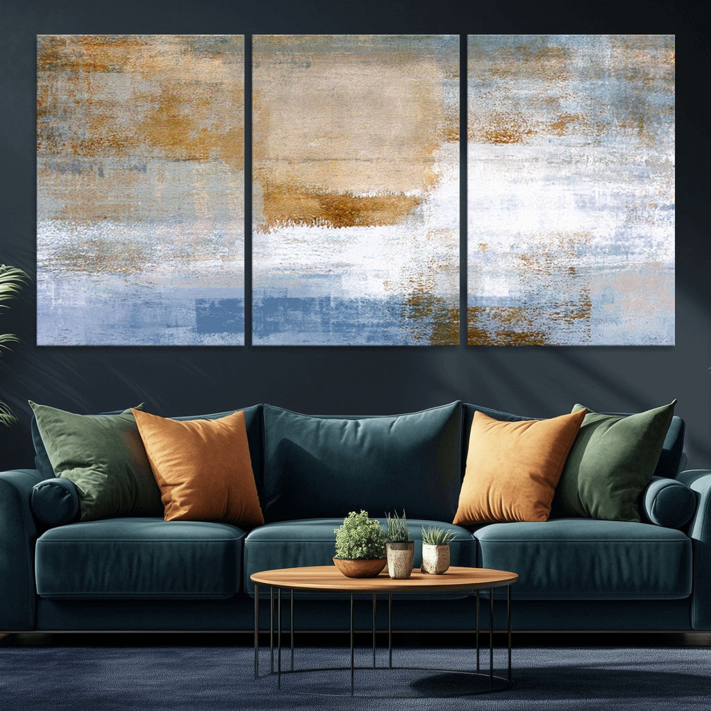 Blue Multi Panel Abstract Wall Art Canvas, Abstract Blue and Gold Canvas Print