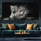 Lion Couple Wall Art Canvas Print, Elegant Black and White Wildlife Portrait