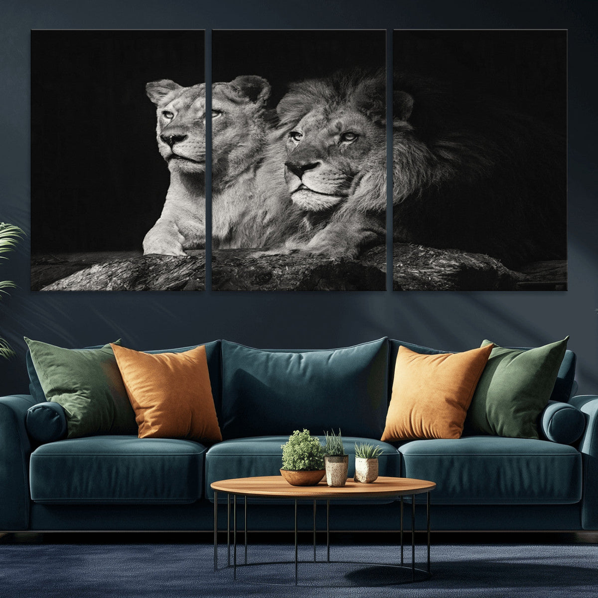 Lion Couple Wall Art Canvas Print, Elegant Black and White Wildlife Portrait