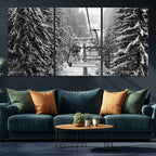 Winter Ski Lift Black and White Canvas Wall Art | Alpine Escape in Minimalist Style