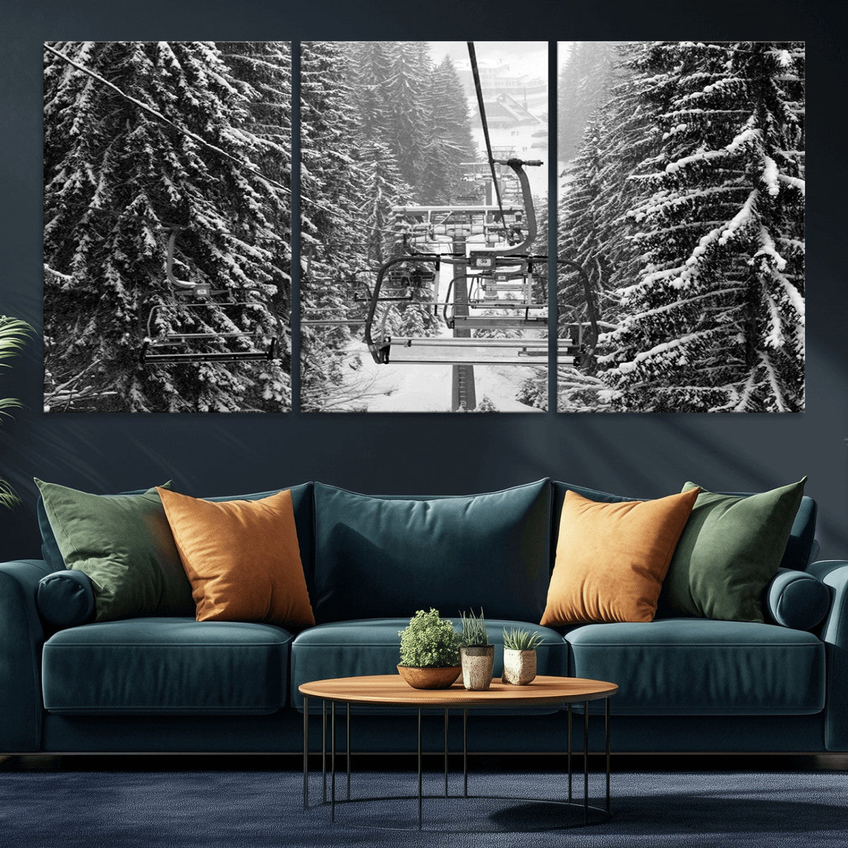 Winter Ski Lift Black and White Canvas Wall Art | Alpine Escape in Minimalist Style