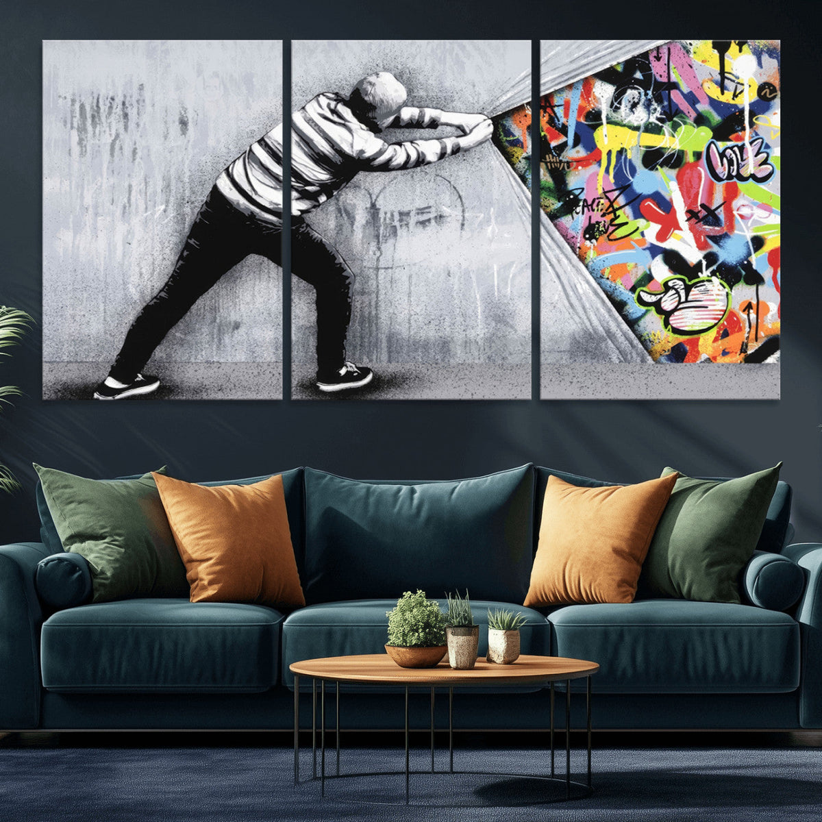 Banksy Art Behind the Curtain Street Wall Art Canvas Print | Urban Graffiti Style Wall Decor