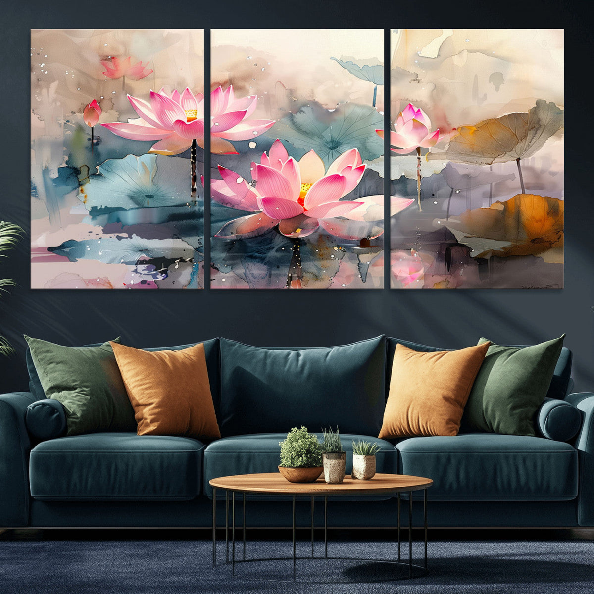 Lotus Flower Wall Art | 3 Panel Giclee Canvas Print of Pink Lotus Blossoms