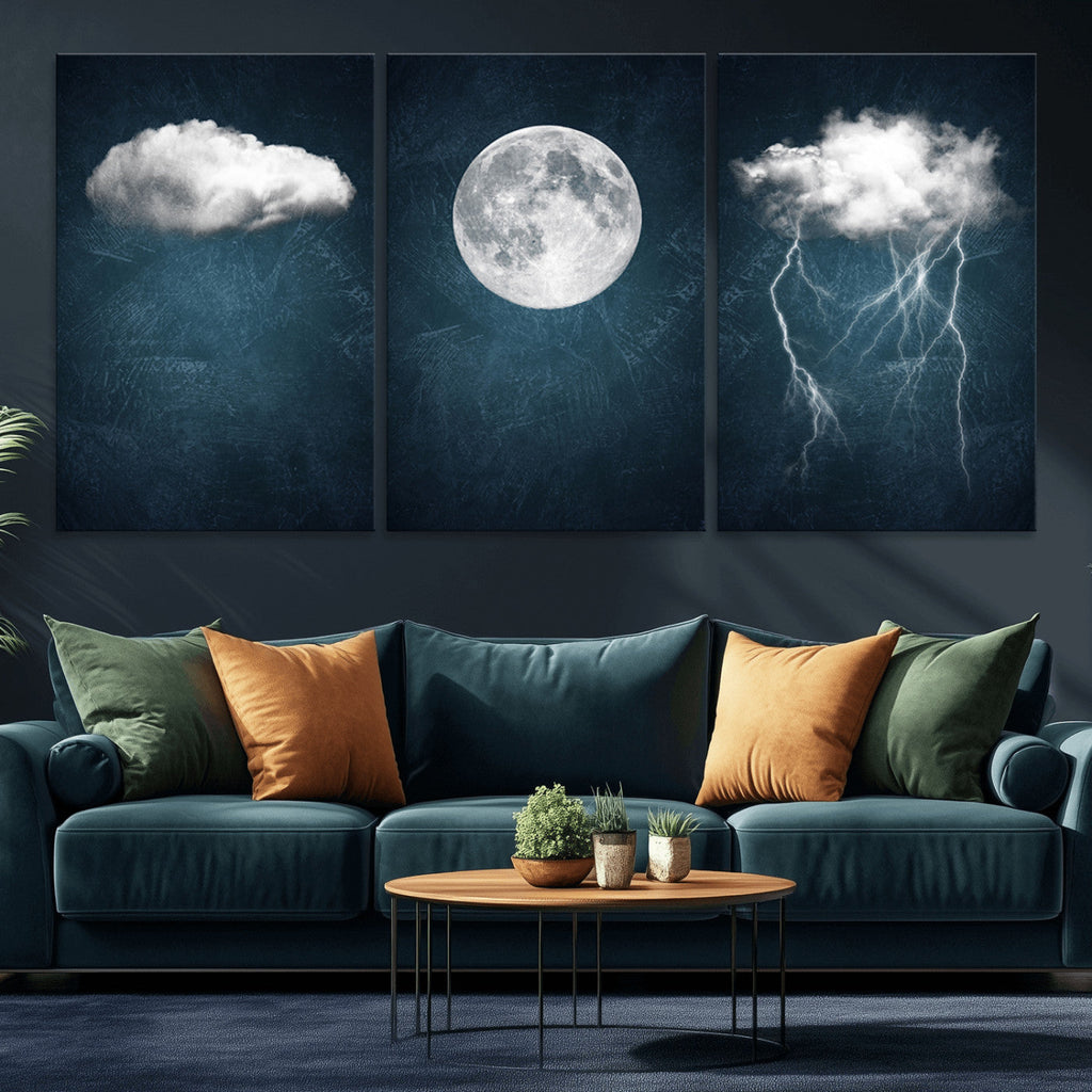 3 Piece Indigo Cloud Wall Art, Thunderstorm Moon Cloud Artwork