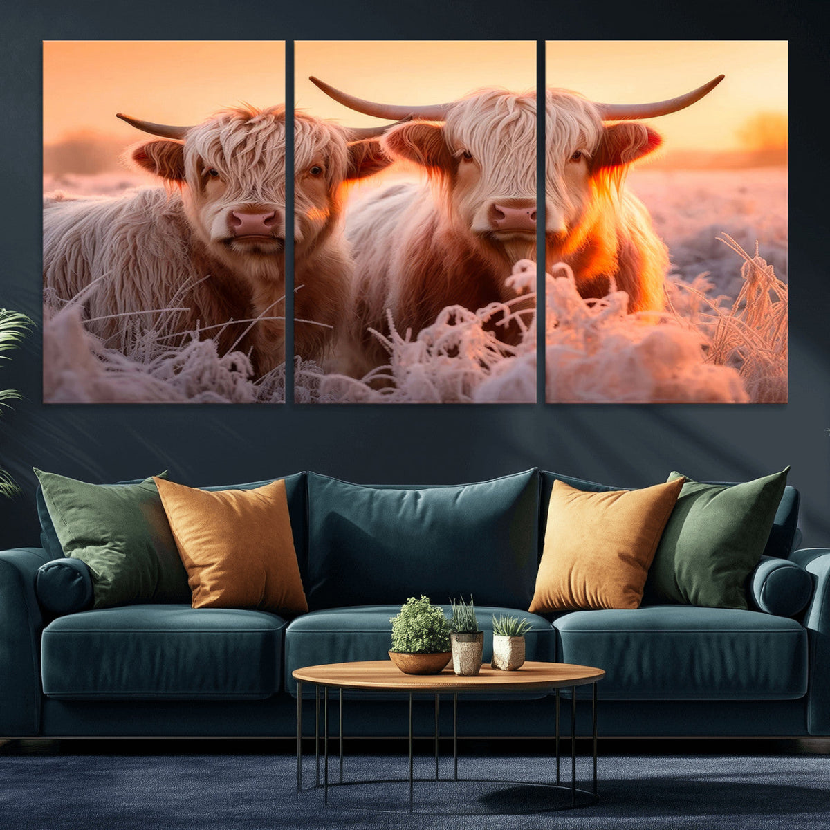 Highland Cows at Sunrise Wall Art Canvas Set