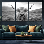 Black White Scottish Highland Cow Canvas Farm Wall Art