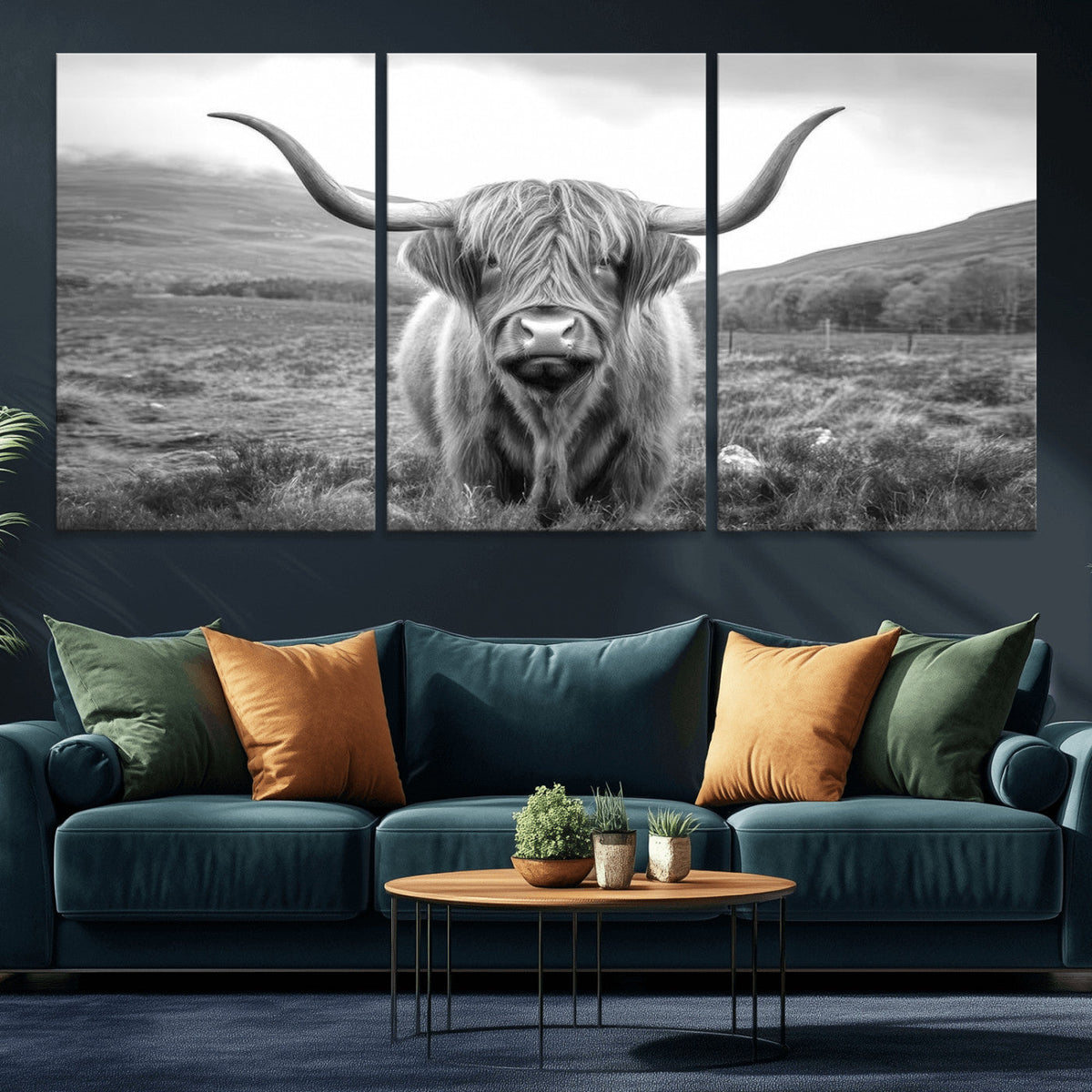 Black White Scottish Highland Cow Canvas Farm Wall Art