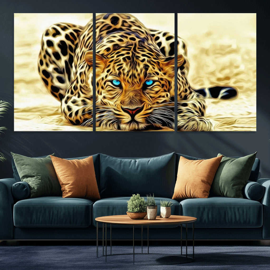Blue-Eyed Leopard Canvas Wall Art, Framed Animal Print, Fierce and Bold Decor for Living Rooms