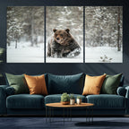 Grizzly Bear Wall Art | Framed Snowy Forest Canvas Artwork