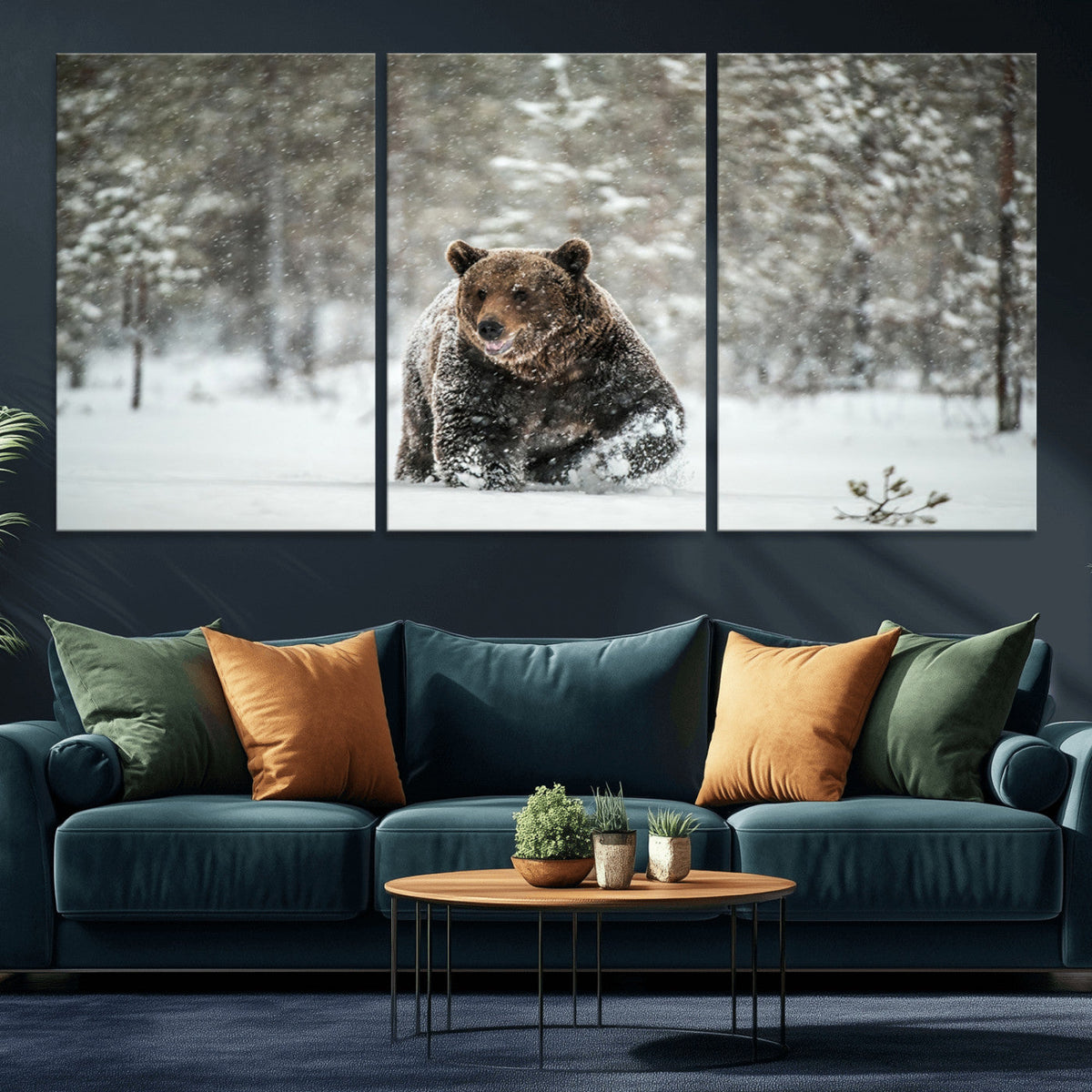 Grizzly Bear Wall Art | Framed Snowy Forest Canvas Artwork