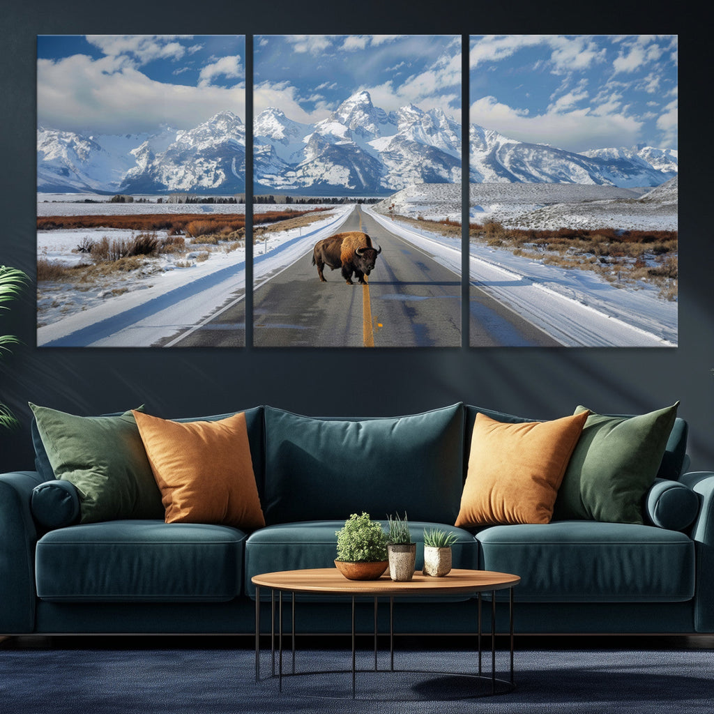 Bison Wall Art | Snowy Road Wall Art | Framed Mountain Landscape Canvas