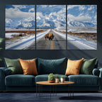 Bison Wall Art | Snowy Road Wall Art | Framed Mountain Landscape Canvas