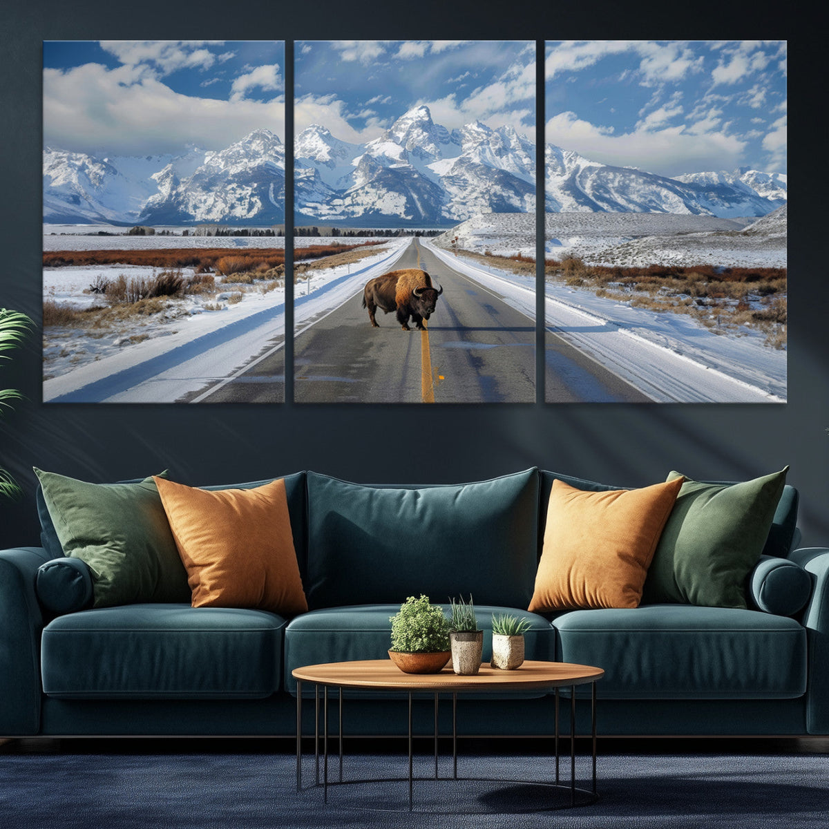 Bison Wall Art | Snowy Road Wall Art | Framed Mountain Landscape Canvas