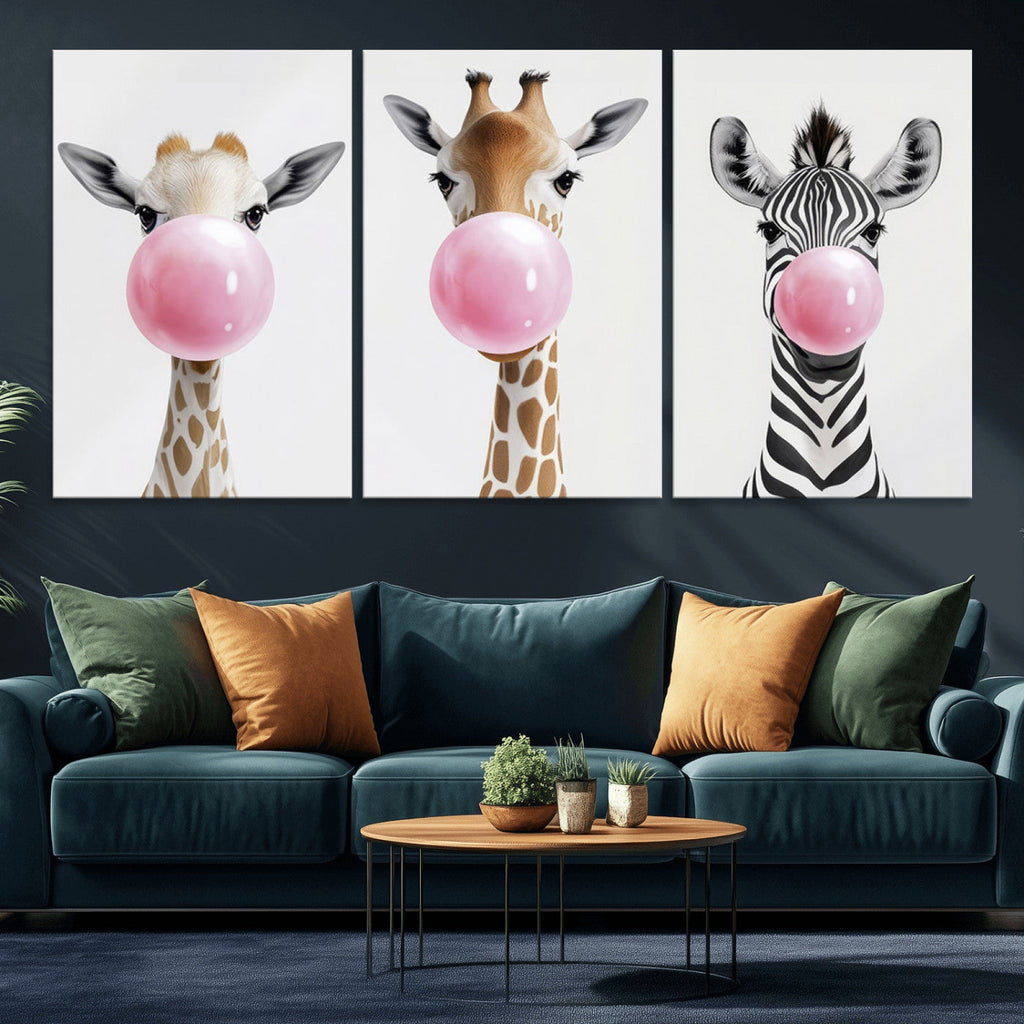 Bubblegum Animals Canvas Wall Art, Playful Giraffe and Zebra Trio, Whimsical Nursery and Kids Room Decor