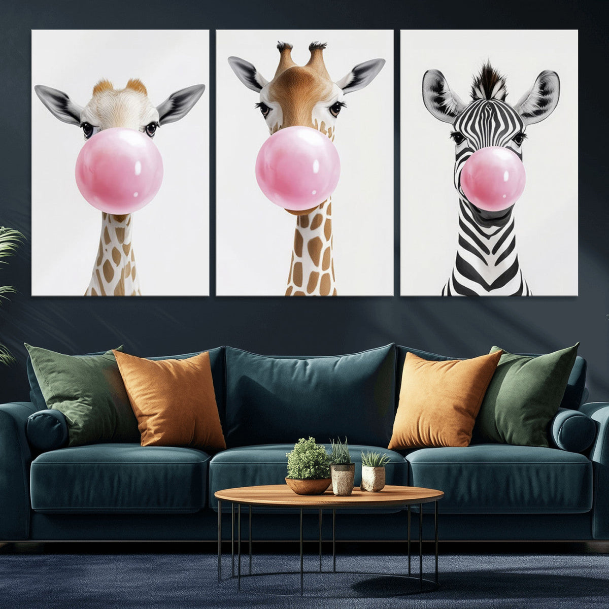 Bubblegum Animals Canvas Wall Art, Playful Giraffe and Zebra Trio, Whimsical Nursery and Kids Room Decor