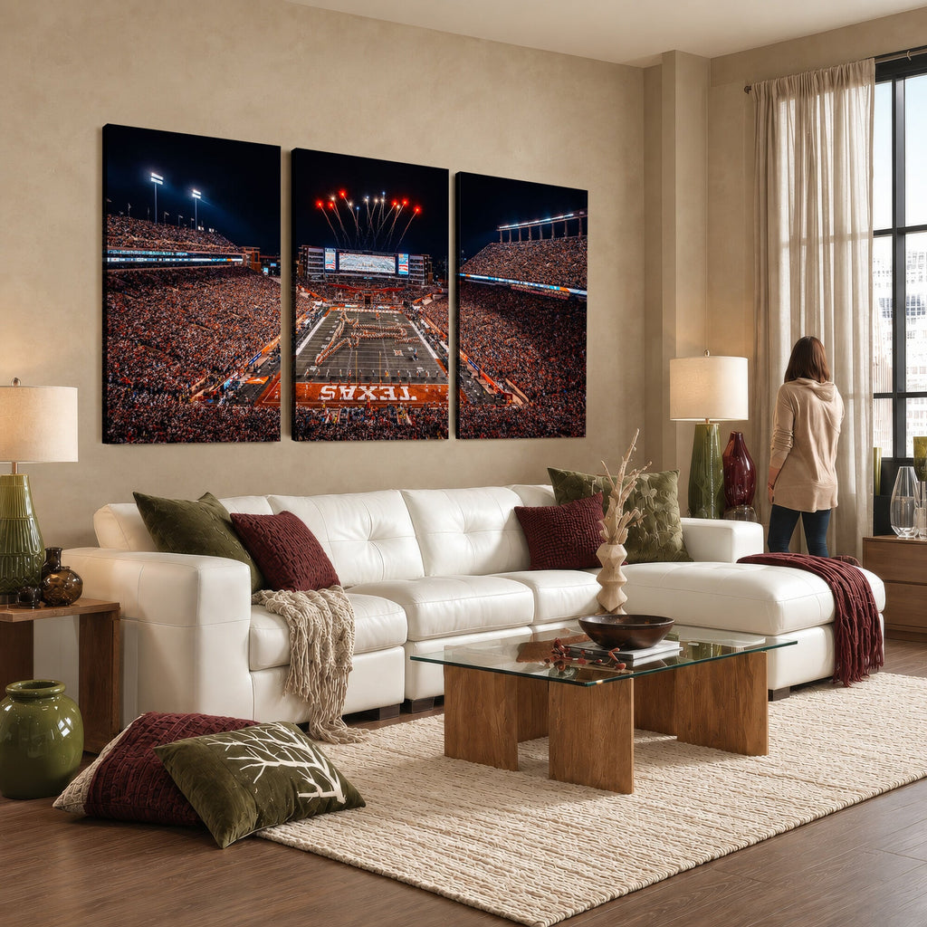 Texas Stadium Night Game Wall Art Canvas Print, Vibrant Football Fireworks Scene