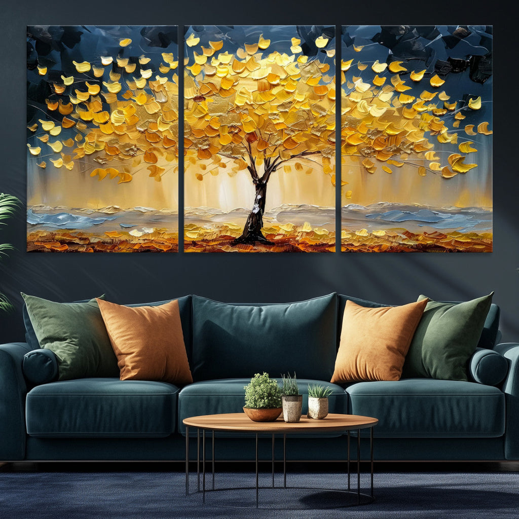 Golden Tree Wall Art | Framed Autumn Leaves Canvas Artwork