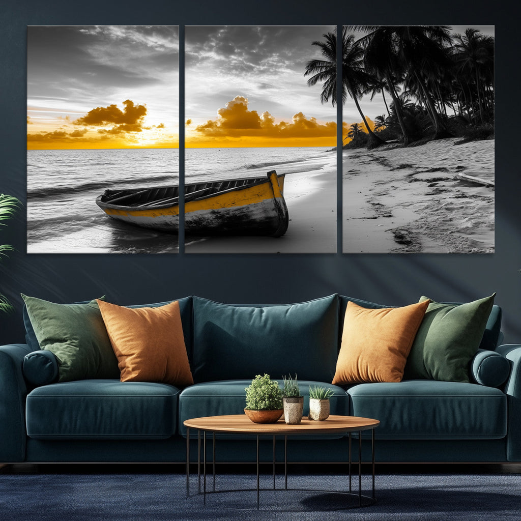 Yellow Rowboat Wall Art | Framed Tropical Shoreline Canvas