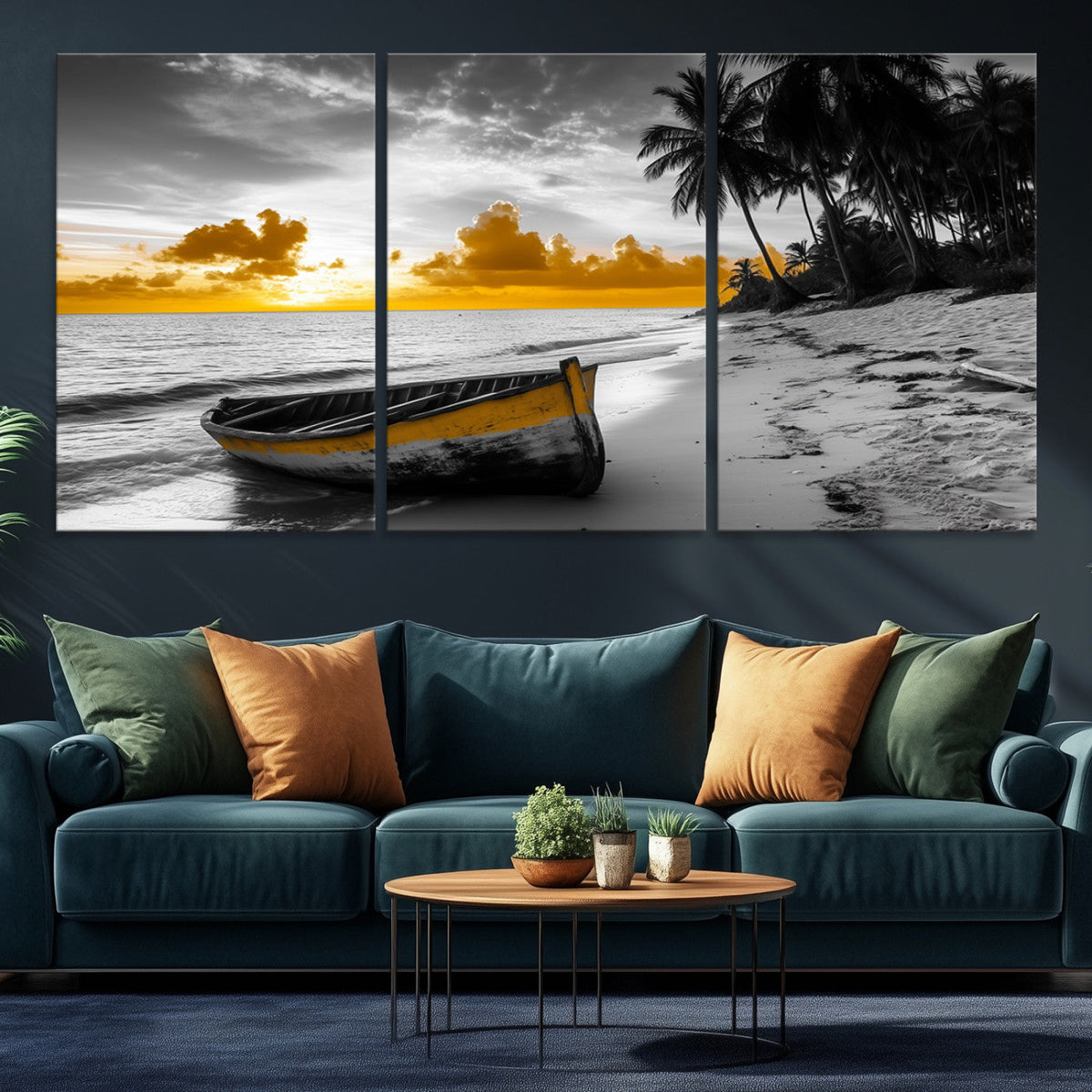 Yellow Rowboat Wall Art | Framed Tropical Shoreline Canvas