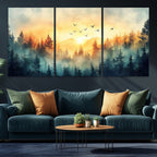 Sunrise Forest Wall Art | Framed Misty Pines Canvas Artwork