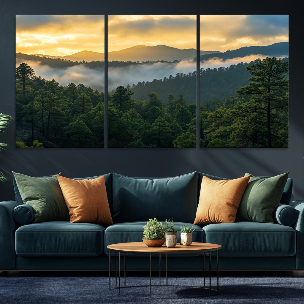 Mountain Sunrise Wall Art | Framed Pine Forest Canvas