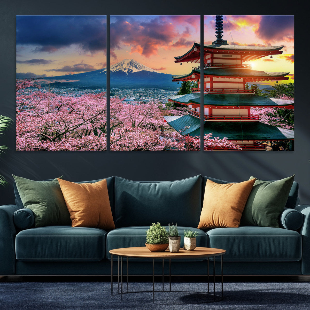 Mount Fuji Cherry Blossom Wall Art Canvas Print | Framed Pagoda Sunset