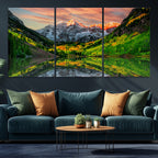 Sunset Glow Mountain Wall Art Canvas Print | Peaks, Green Forest and Lake