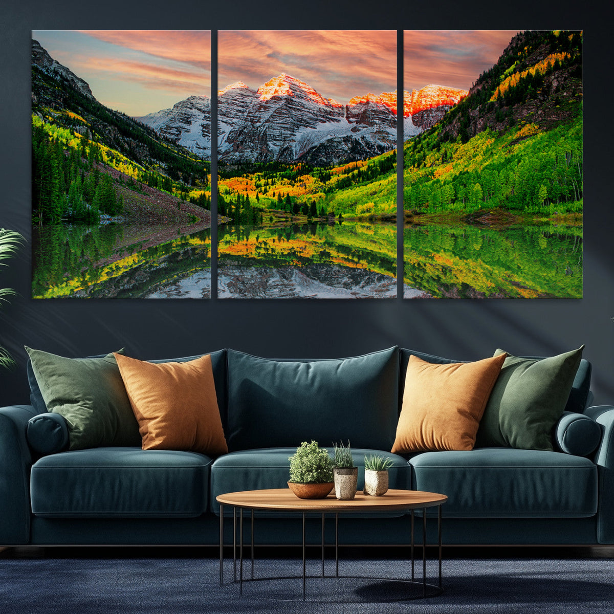 Sunset Glow Mountain Wall Art Canvas Print | Peaks, Green Forest and Lake