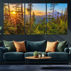 Forest Sunset Wall Art Canvas Print | Green Pines in Golden Light
