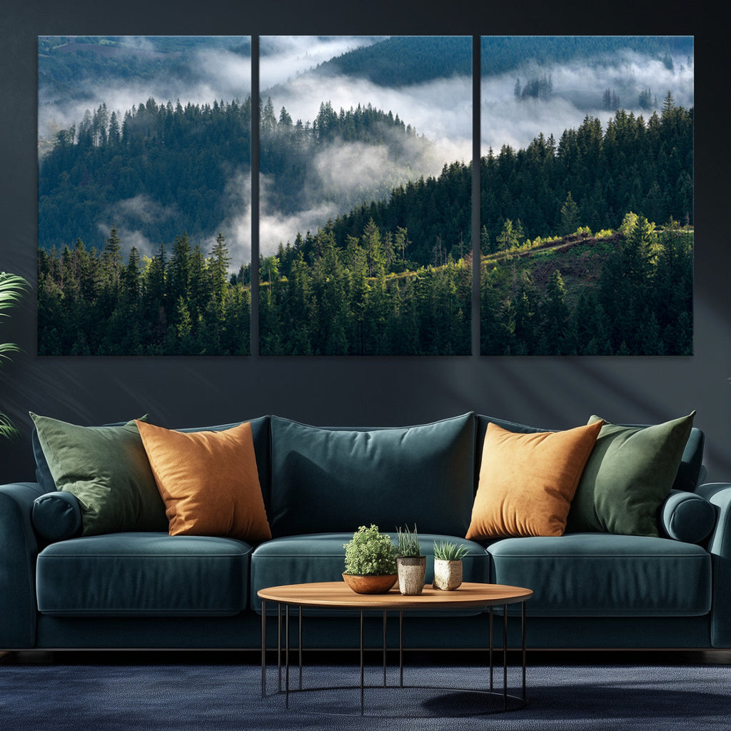 Misty Forest Wall Art Canvas Print | Pine Hills with Foggy Trees