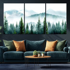 Misty Pine Forest Wall Art, Foggy Mountain Landscape Canvas