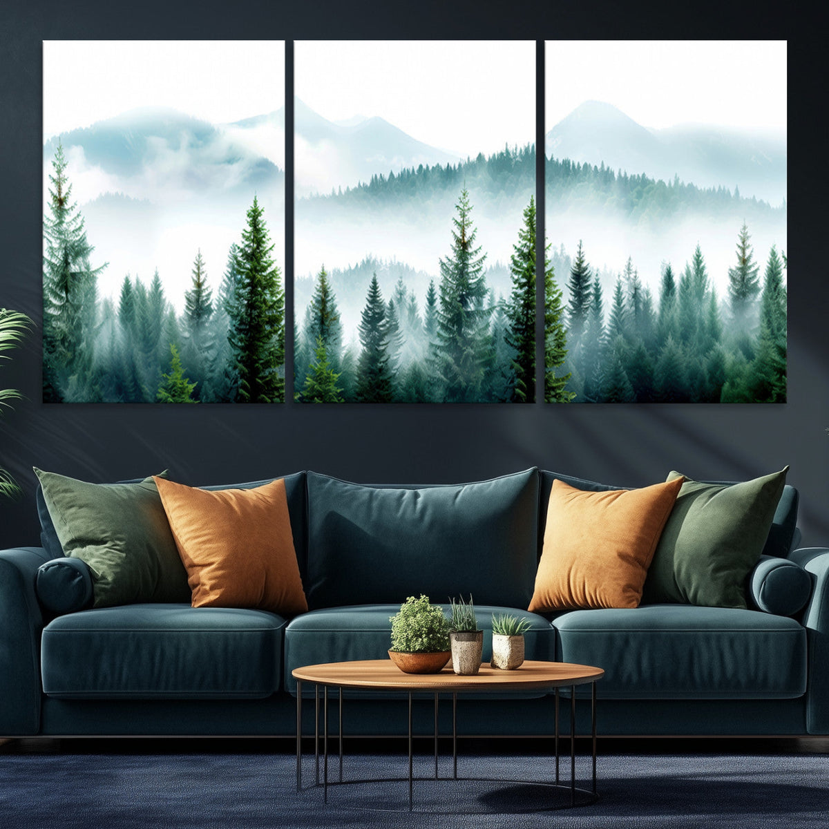 Misty Pine Forest Wall Art, Foggy Mountain Landscape Canvas
