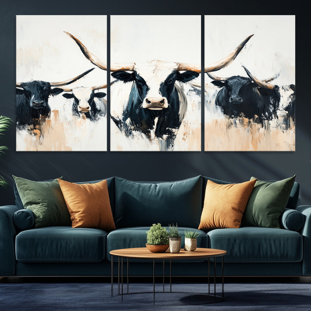 Texas Longhorn Wall Art Canvas Print | Majestic Horned Bull in Black and White