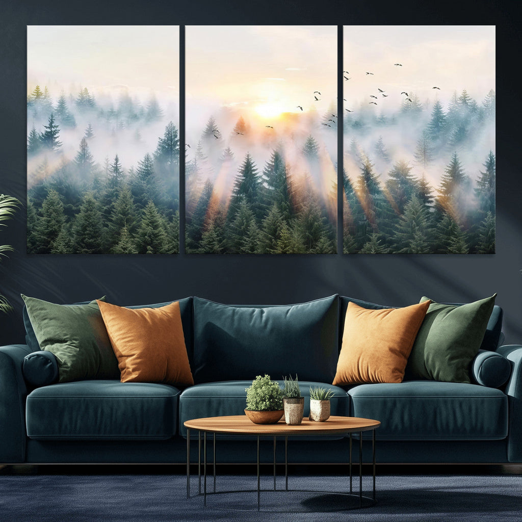 Misty Pine Forest Wall Art Canvas, Sunrise Over Foggy Trees