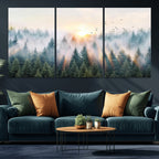 Misty Pine Forest Wall Art Canvas, Sunrise Over Foggy Trees